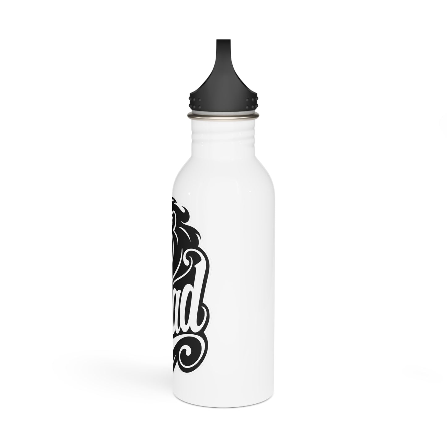 White water bottle with black lid and "legend" in gothic font.