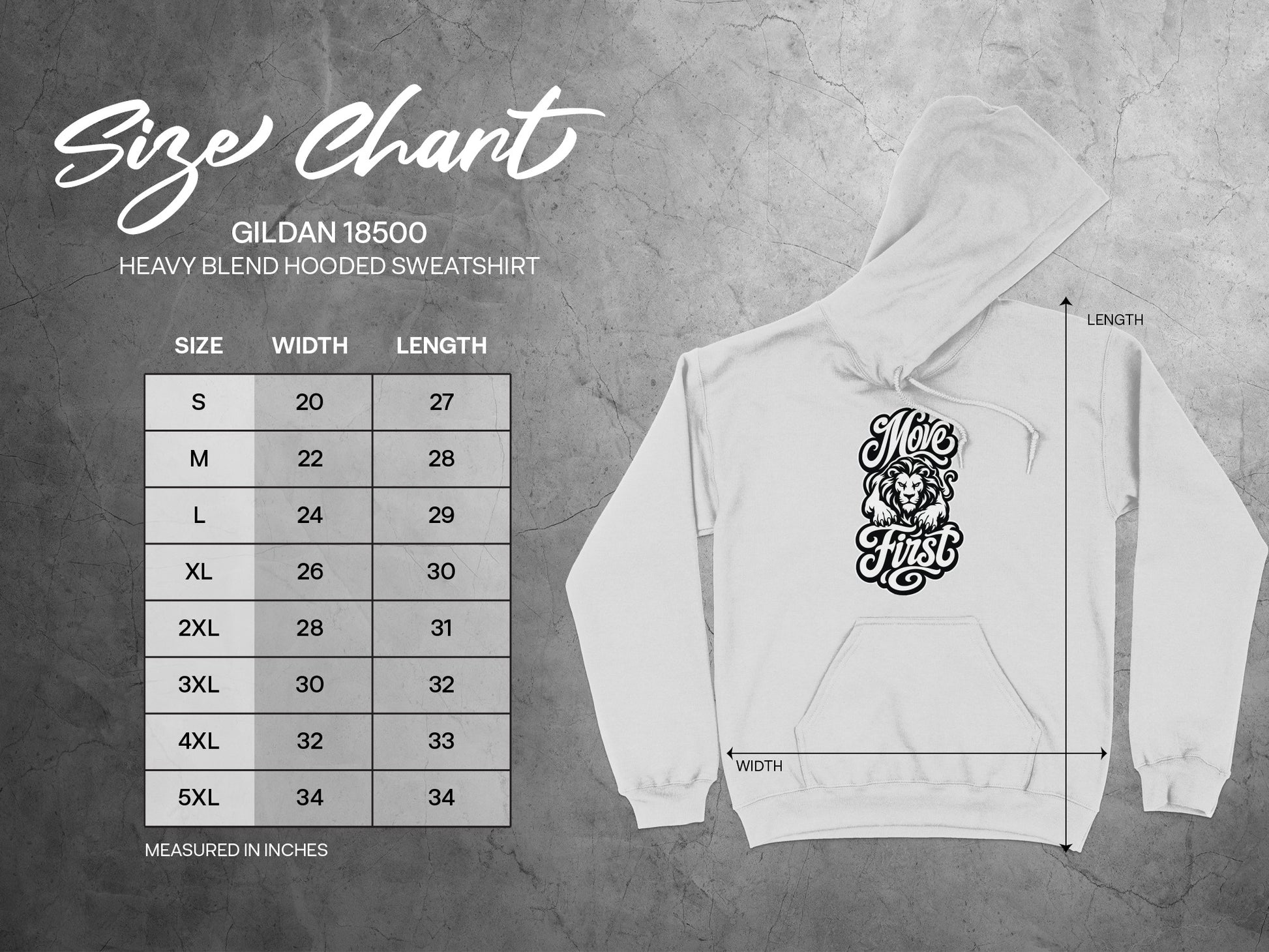 Gildan 18500 hooded sweatshirt size chart with width and length measurements in inches.