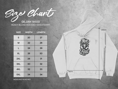 Gildan 18500 hooded sweatshirt size chart with width and length measurements in inches.