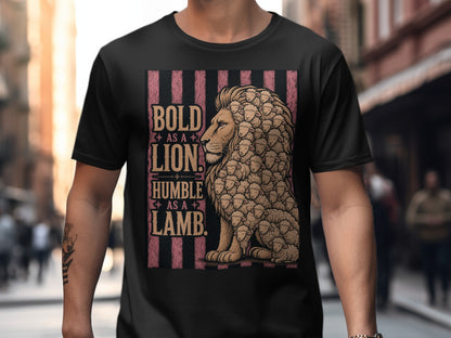 Black t-shirt with a stylized graphic of a lion made of sheep and text "BOLD AS A LION HUMBLE AS A LAMB."