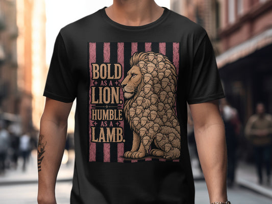Black t-shirt with a stylized graphic of a lion made of sheep and text "BOLD AS A LION HUMBLE AS A LAMB."