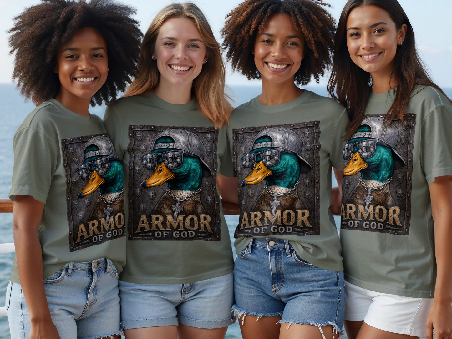Four women wearing olive green t-shirts with a duck wearing sunglasses and a baseball cap.