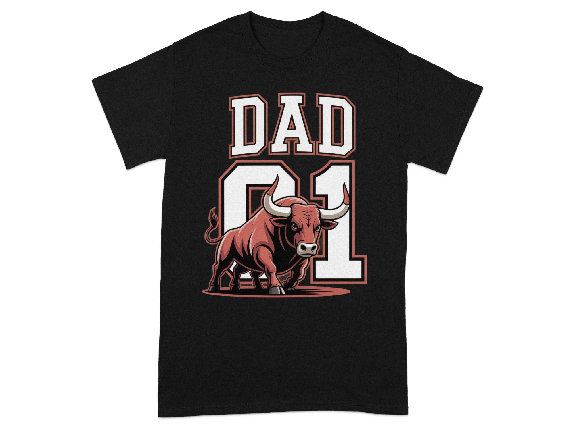 Black t-shirt with "DAD 21" and a charging bull graphic.