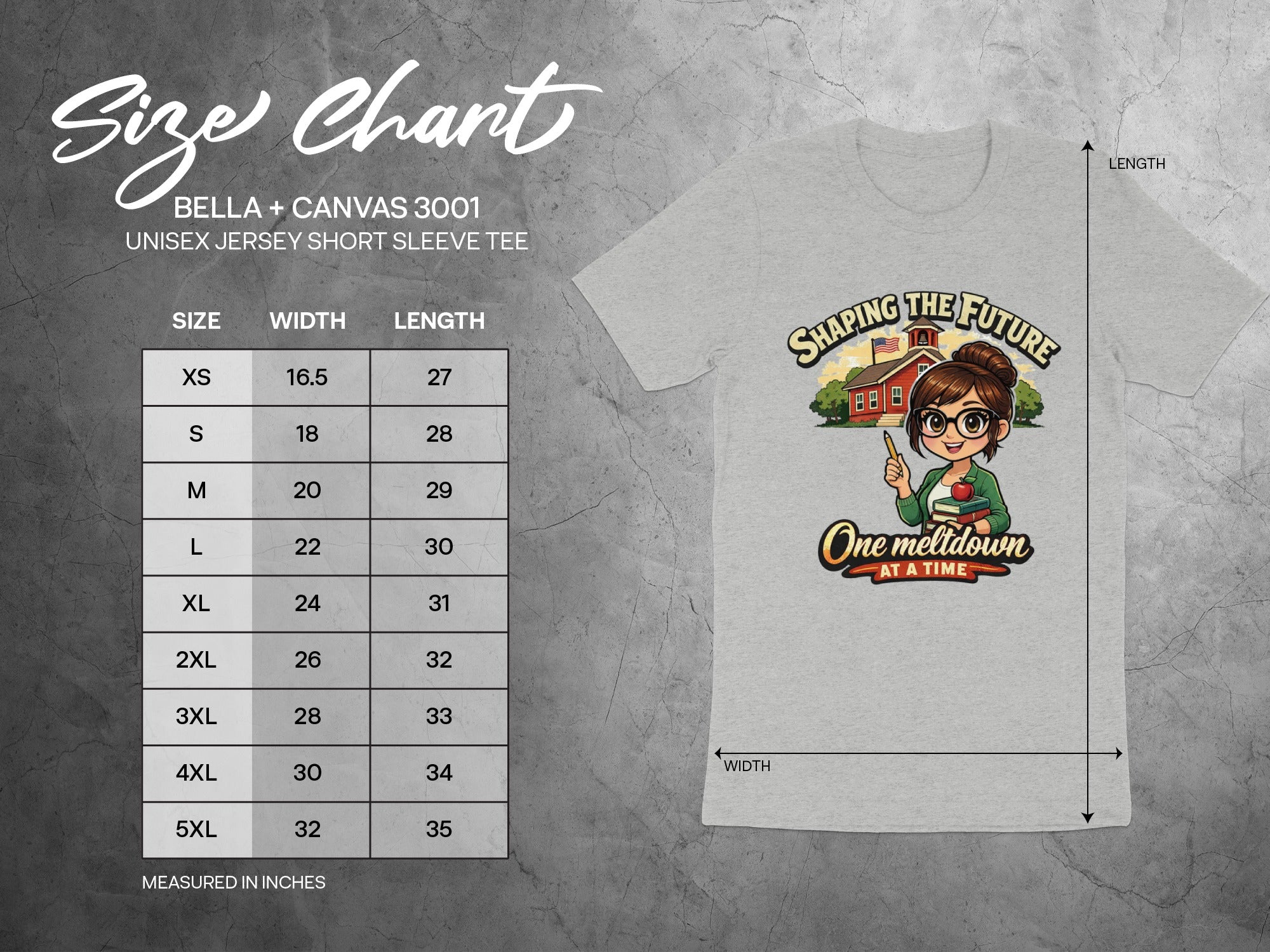 BELLA + CANVAS 3001 size chart with unisex jersey short sleeve tee dimensions.