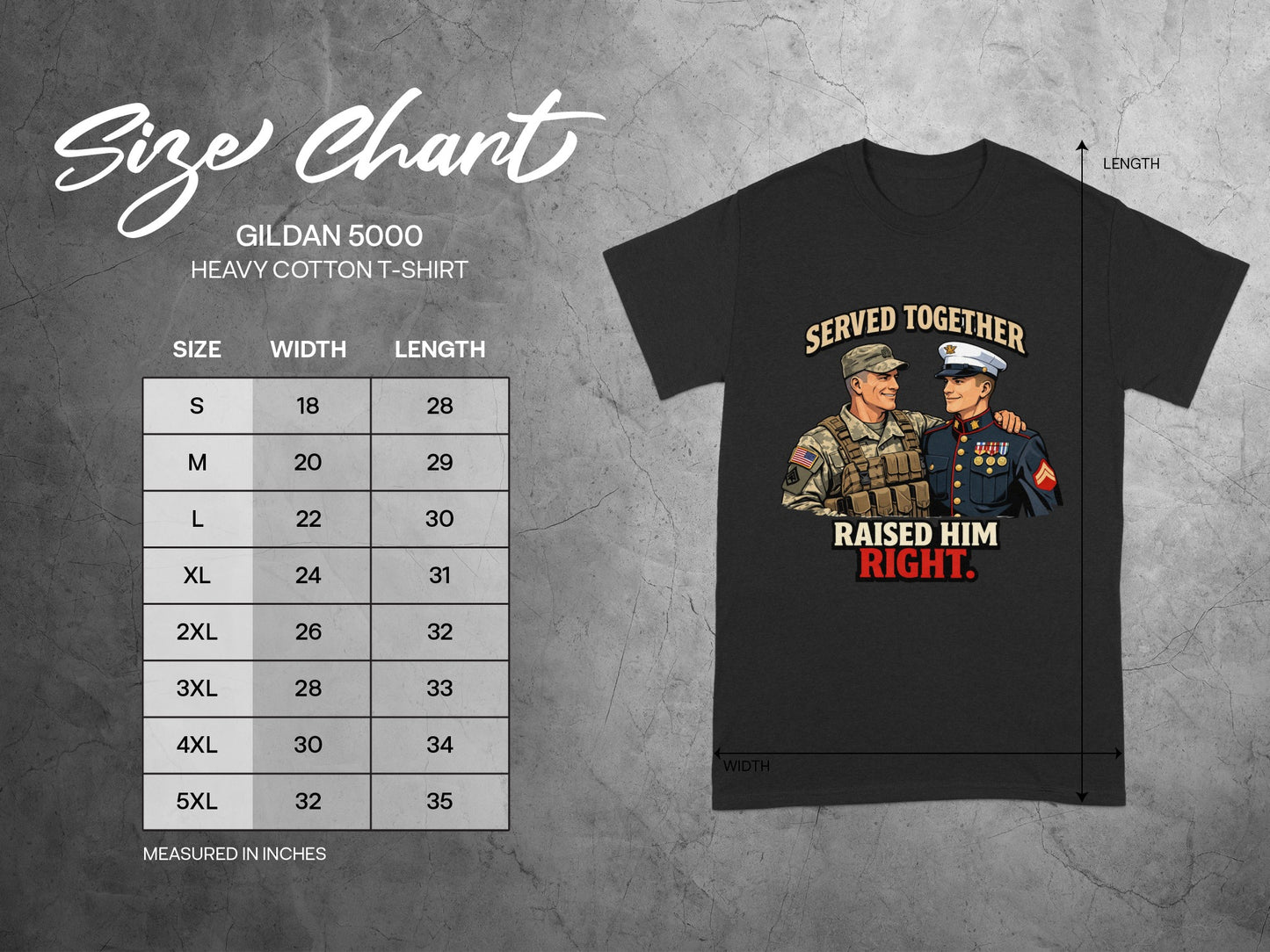 Gildan 5000 size chart with t-shirt featuring military design.
