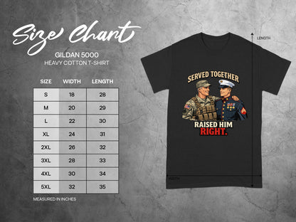 Gildan 5000 size chart with t-shirt featuring military design.