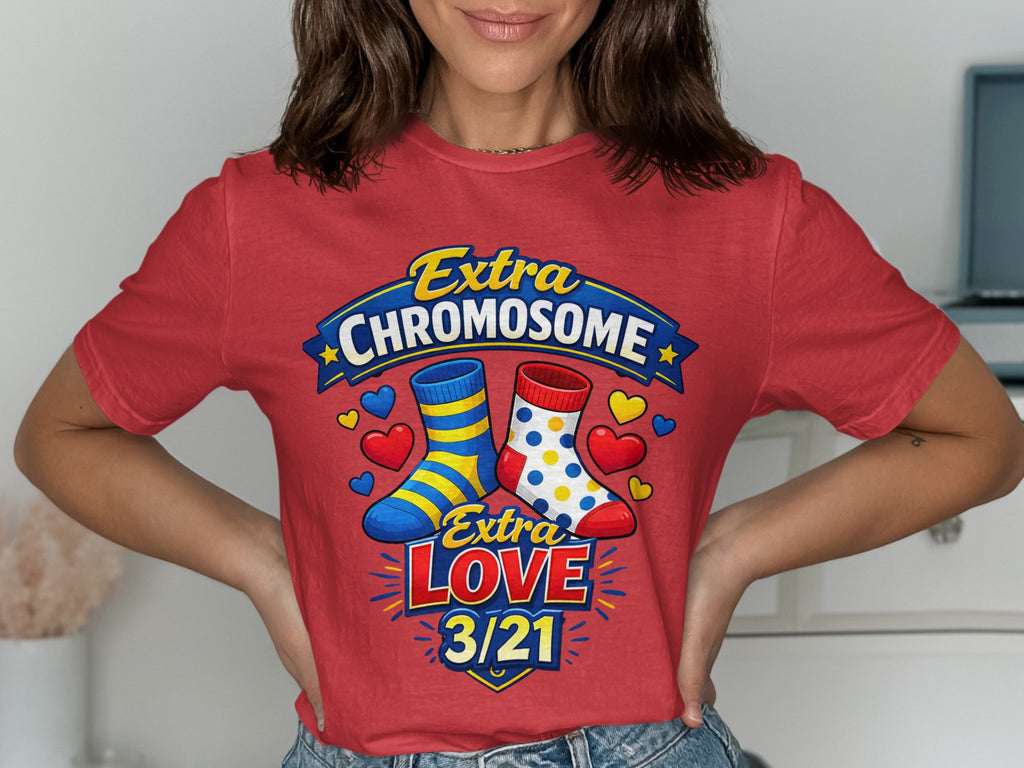 Red shirt with "Extra Chromosome Extra Love 3/21" and socks graphic.