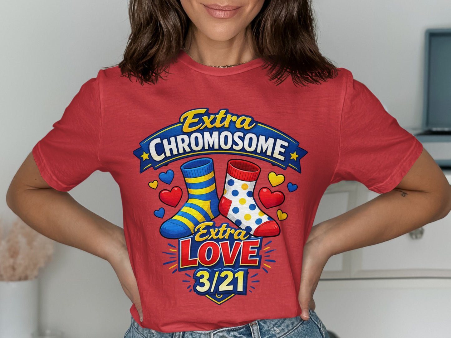 Red shirt with "Extra Chromosome Extra Love 3/21" and socks graphic.