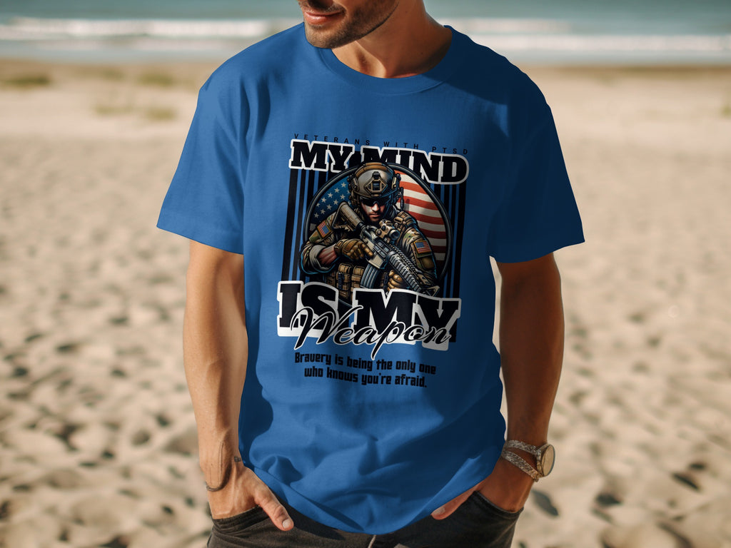 Blue t-shirt with "My Mind Is My Weapon" graphic and a soldier.