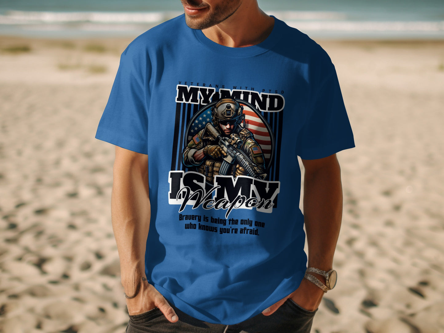 Blue t-shirt with "My Mind Is My Weapon" graphic and a soldier.
