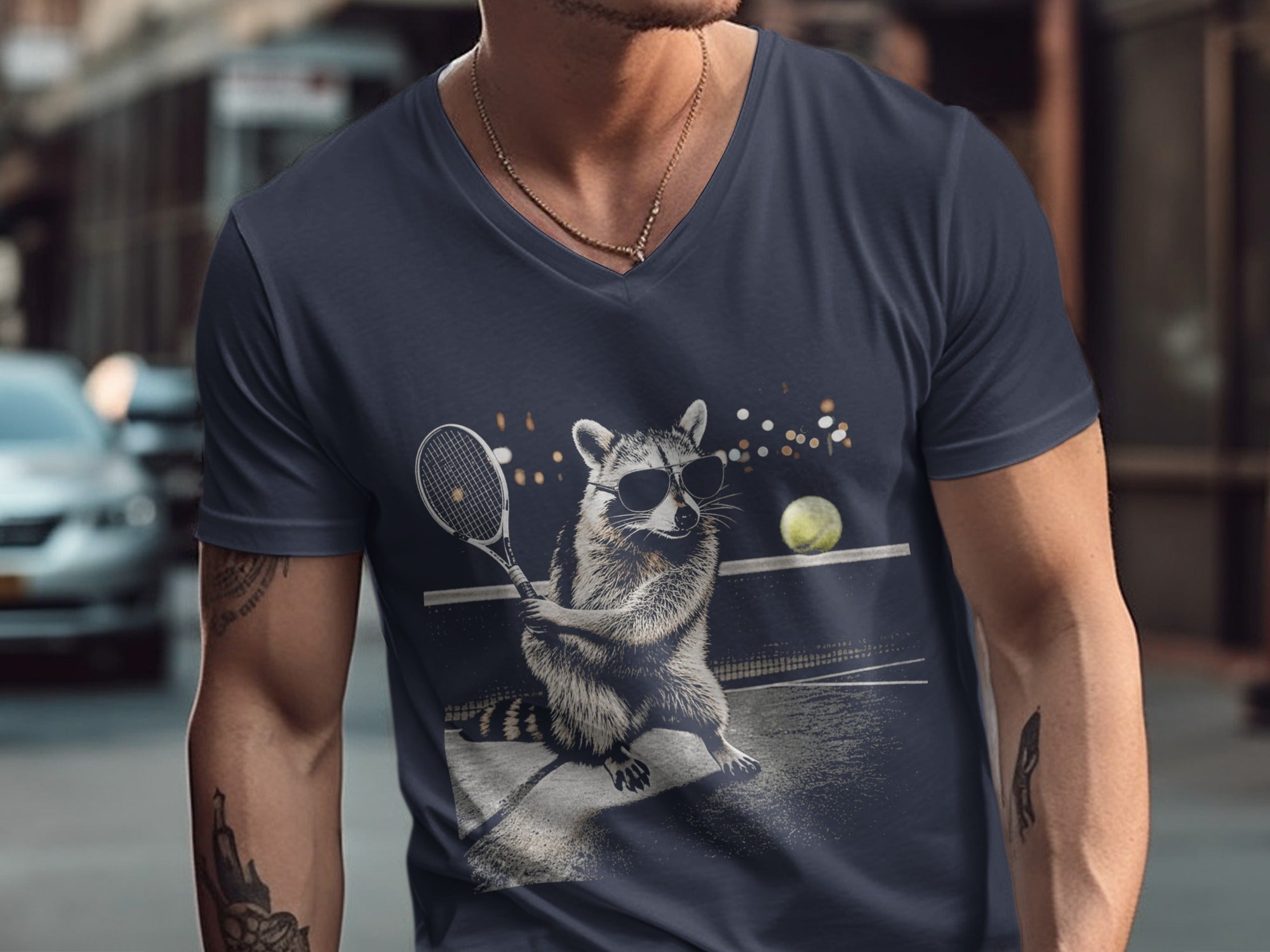 Dark blue t-shirt with a graphic of a raccoon playing tennis on a court.