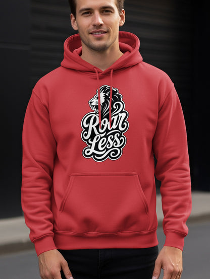 Red hoodie featuring a black and white lion head and "Roar Less" text graphic.
