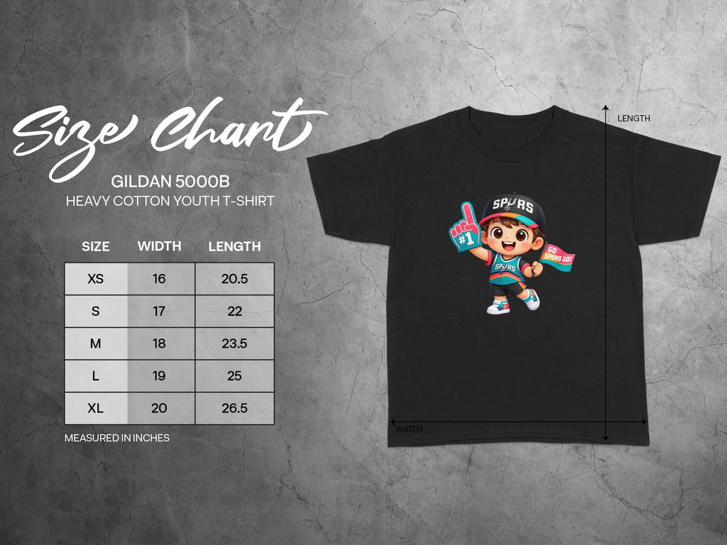 Gildan 5000B youth t-shirt size chart with width and length measurements.