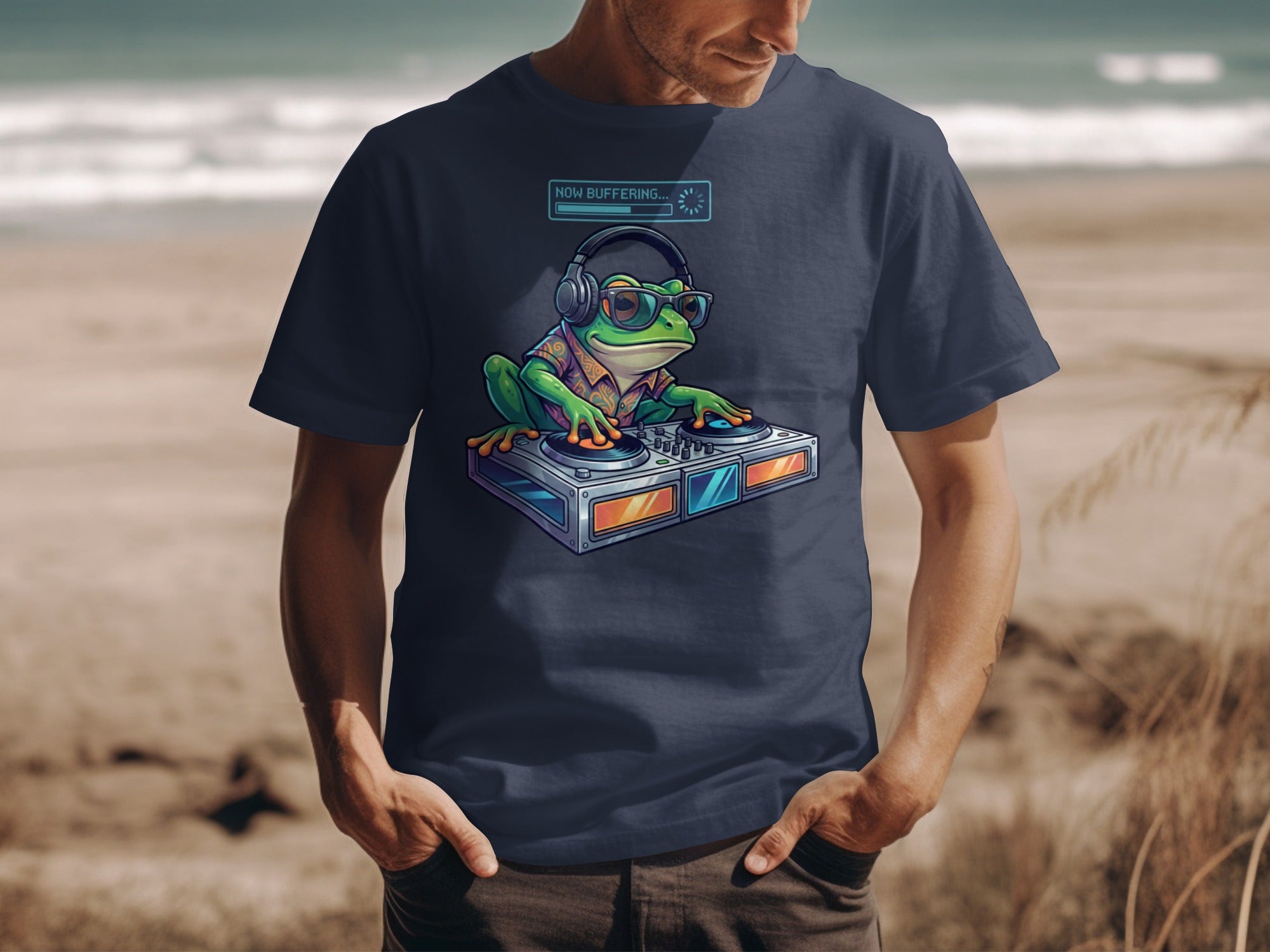 Frog DJ wearing headphones and sunglasses, playing on turntables with "Now Buffering" text.