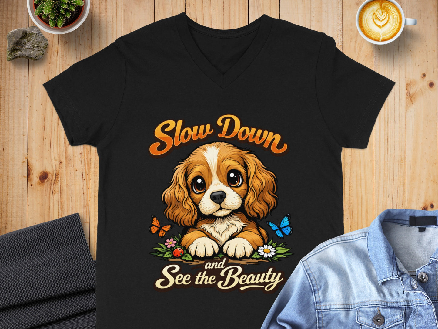 Black t-shirt with a Cavalier King Charles Spaniel dog and the words "Slow Down and See the Beauty."