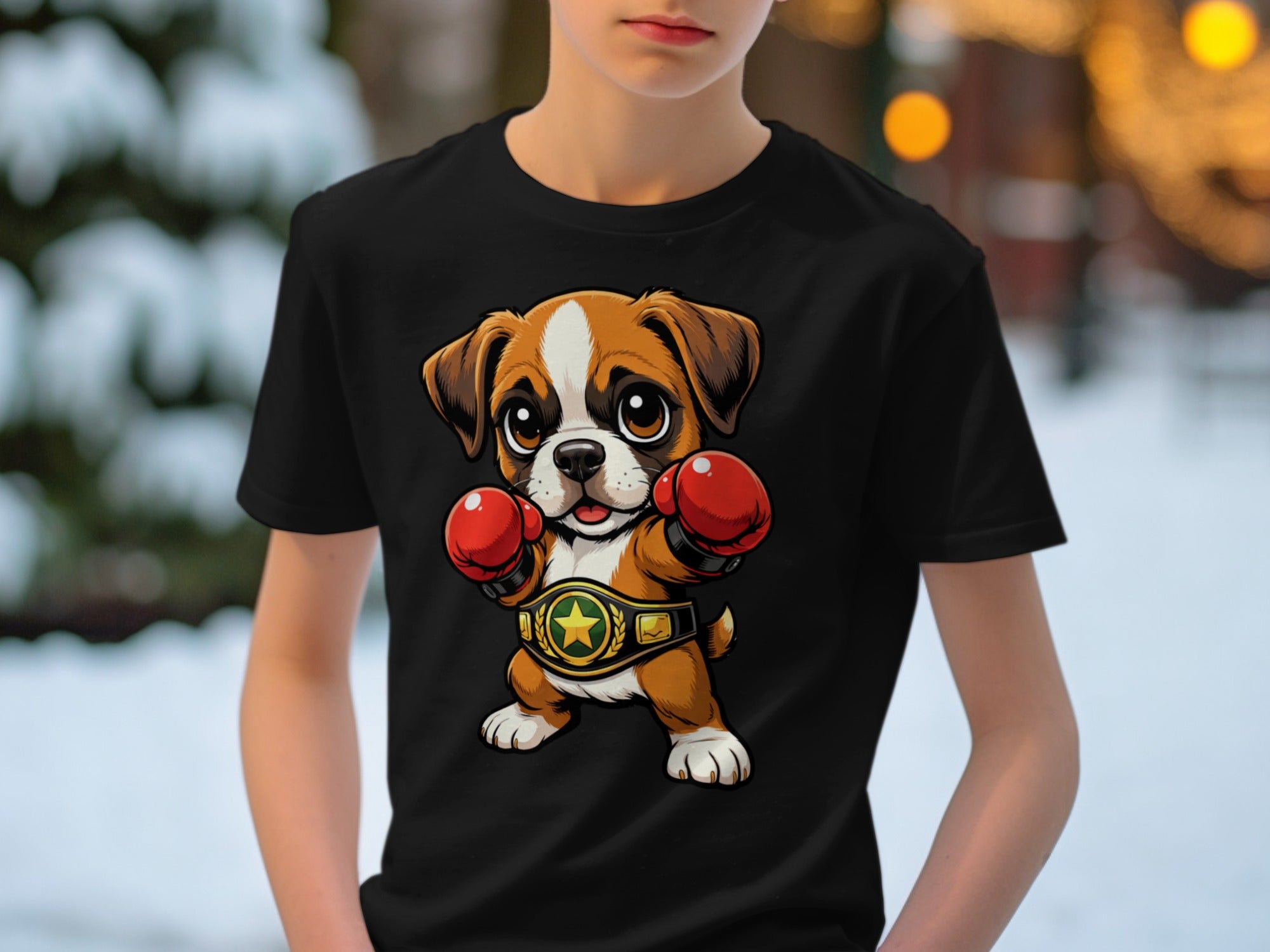 Cartoon boxer dog wearing red gloves and a championship belt stands in front of blurred bokeh lights.