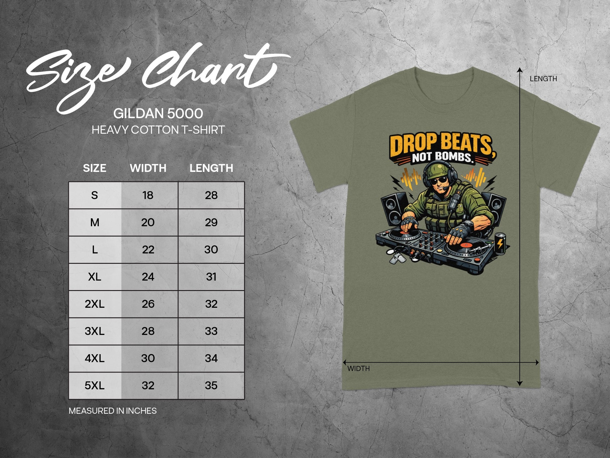 Size chart for Gildan 5000 heavy cotton t-shirt with sizing measurements in inches.