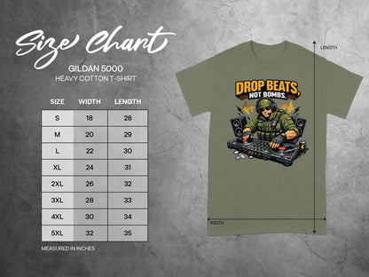Size chart for Gildan 5000 heavy cotton t-shirt with sizing measurements in inches.