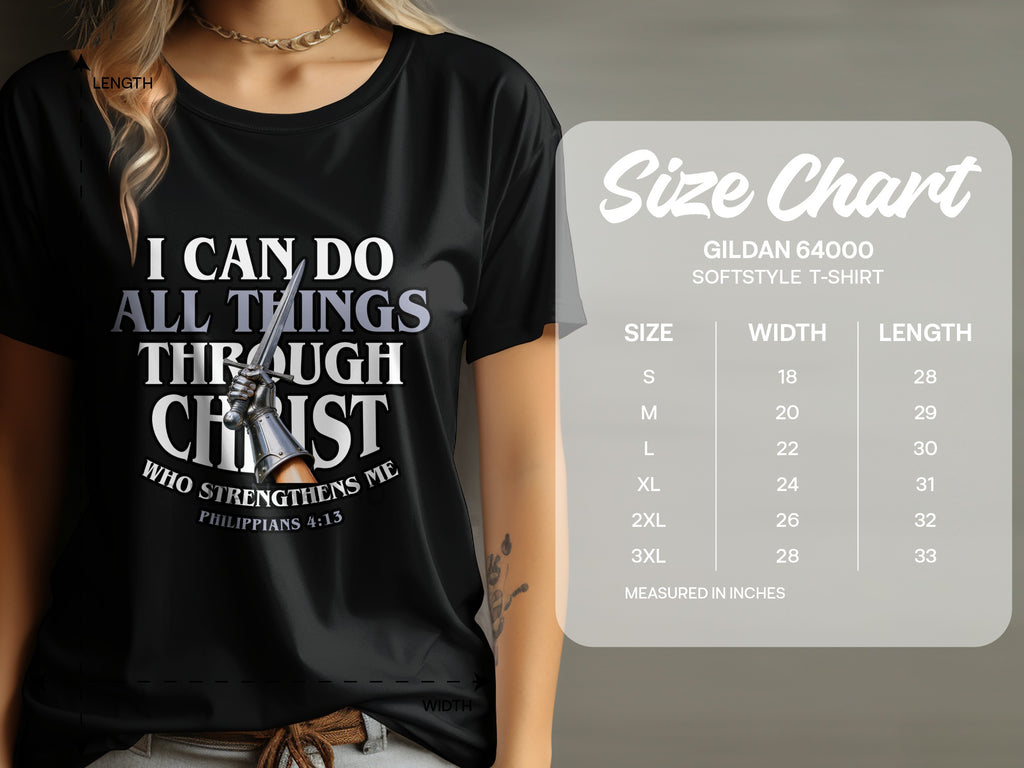 Black t-shirt with "I CAN DO ALL THINGS THROUGH CHRIST" and Philippians 4:13.