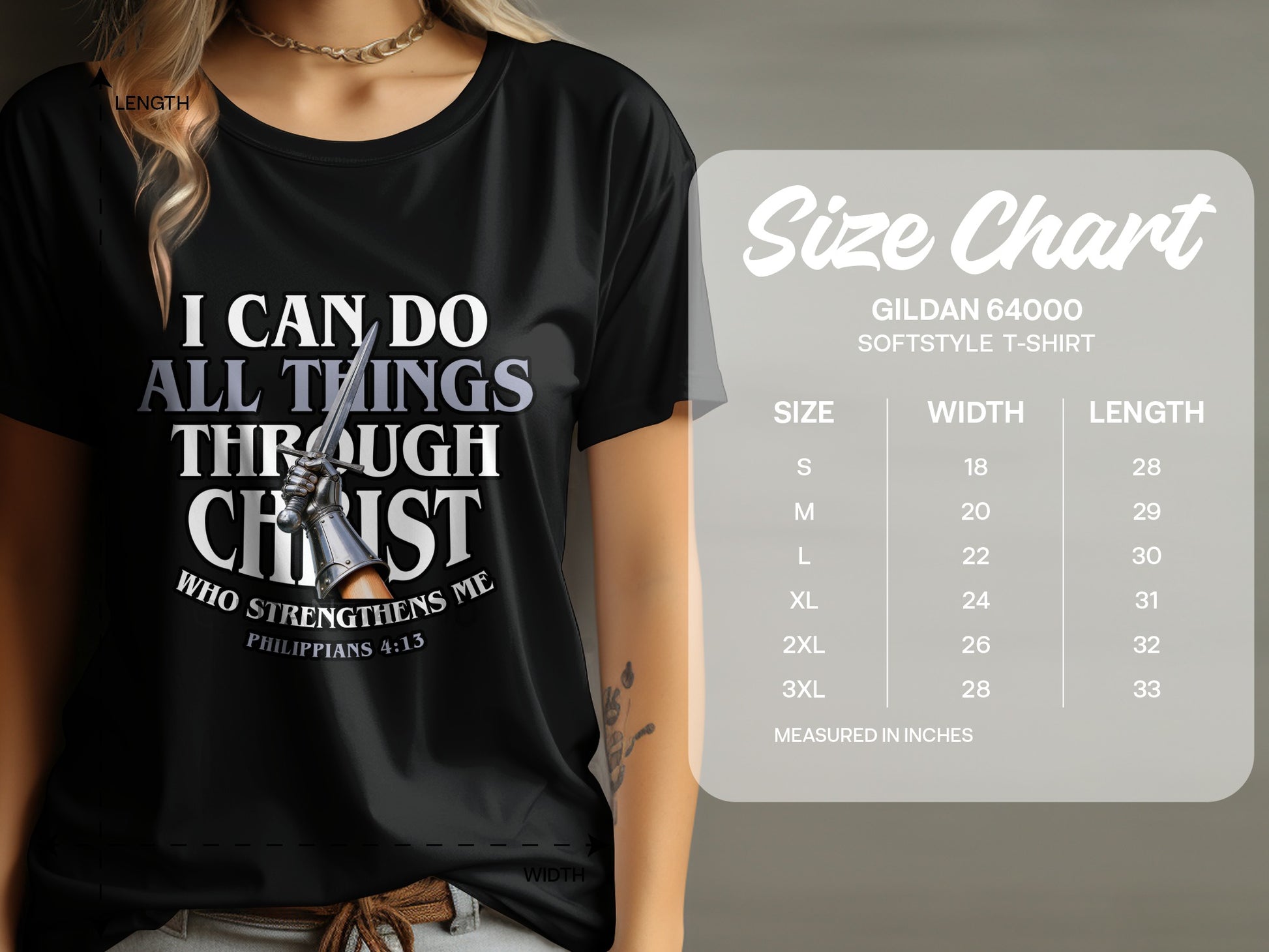 Black t-shirt with "I CAN DO ALL THINGS THROUGH CHRIST" and Philippians 4:13.