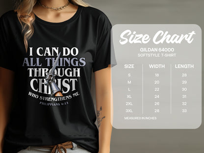 Black t-shirt with "I CAN DO ALL THINGS THROUGH CHRIST" and Philippians 4:13.