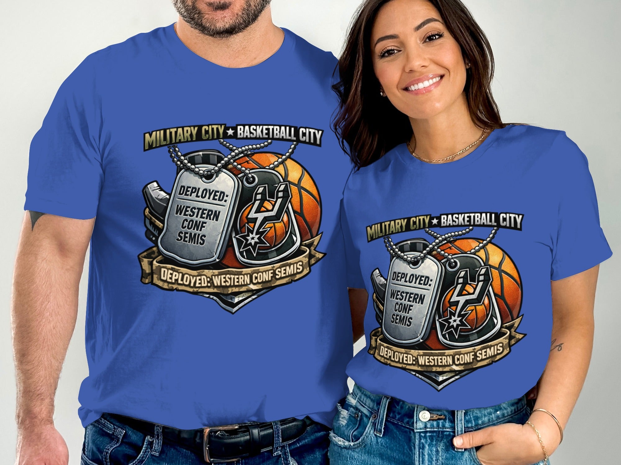 Two people model blue shirts with a graphic of dog tags and a basketball.