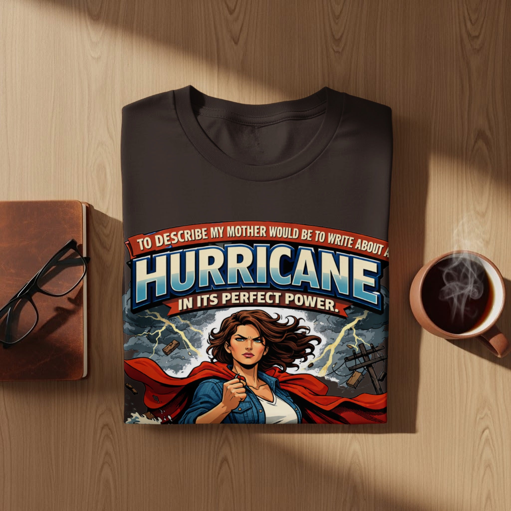 T-shirt with woman in cape, text "Hurricane In Its Perfect Power".