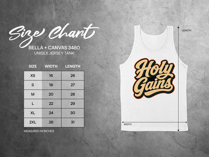Size chart for Bella + Canvas 3480 unisex jersey tank with measurements.