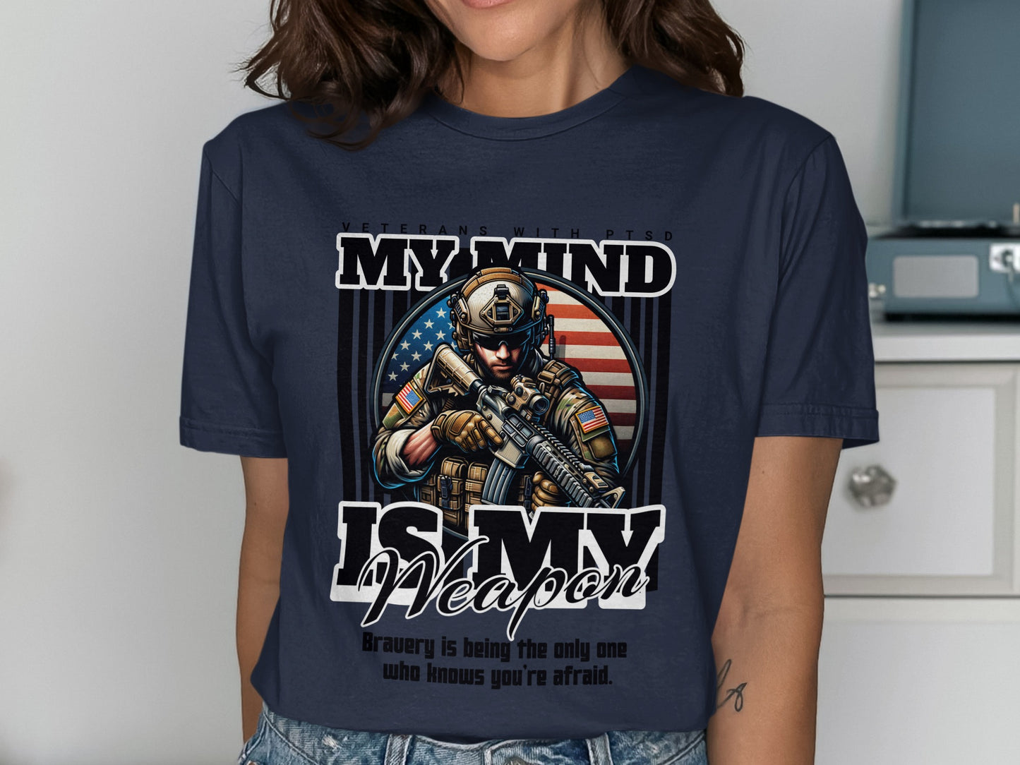 Veterans with PTSD t-shirt featuring a soldier and the text "My Mind Is My Weapon".