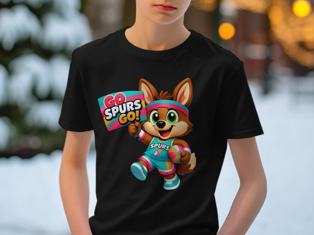 Black t-shirt with cartoon fox in Spurs uniform holding "Go Spurs Go!" flag and basketball.