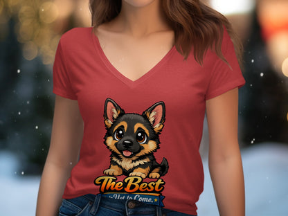 Red v-neck t-shirt with cartoon German Shepherd and "The Best is Yet to Come."