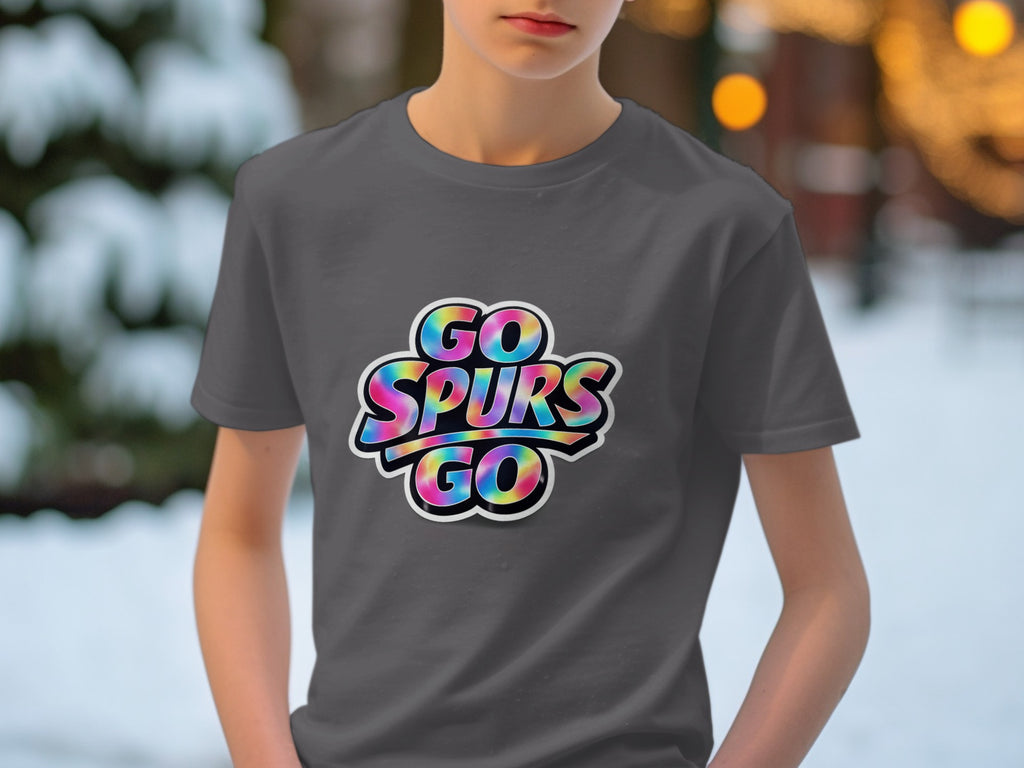 Grey t-shirt with "GO SPURS GO" in a tie-dye font.