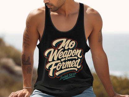 Black tank top with "No Weapon Formed" and "Isaiah 54:17" text.