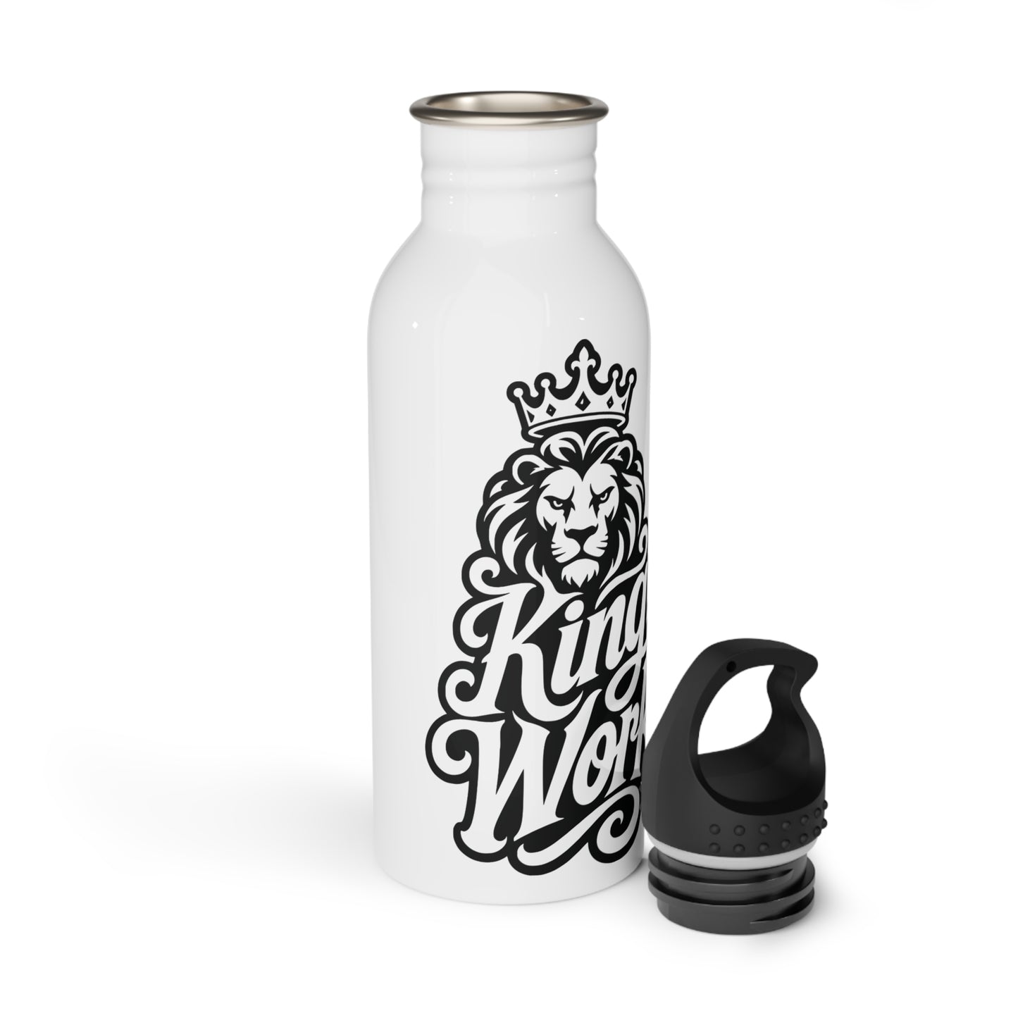 White water bottle with black lion and crown graphic and "King" text.