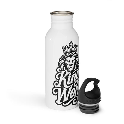 White water bottle with black lion and crown graphic and "King" text.