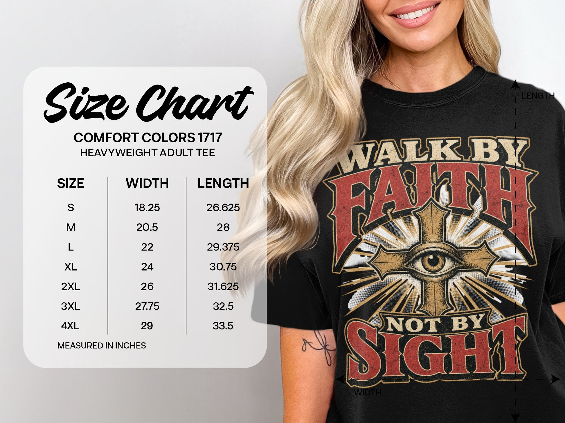 Size chart for Comfort Colors 1717 heavyweight adult tee, with width and length measurements.