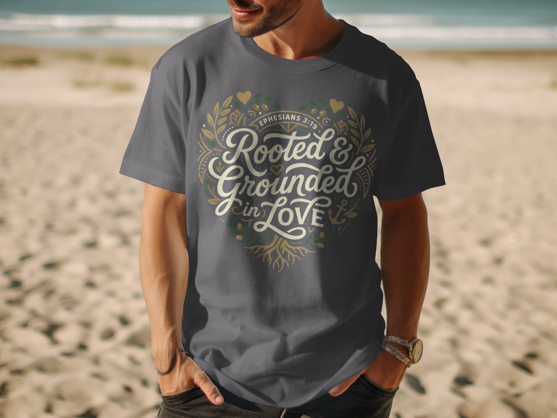 Dark grey t-shirt with "Rooted & Grounded in LOVE" and Ephesians 3:19 text.