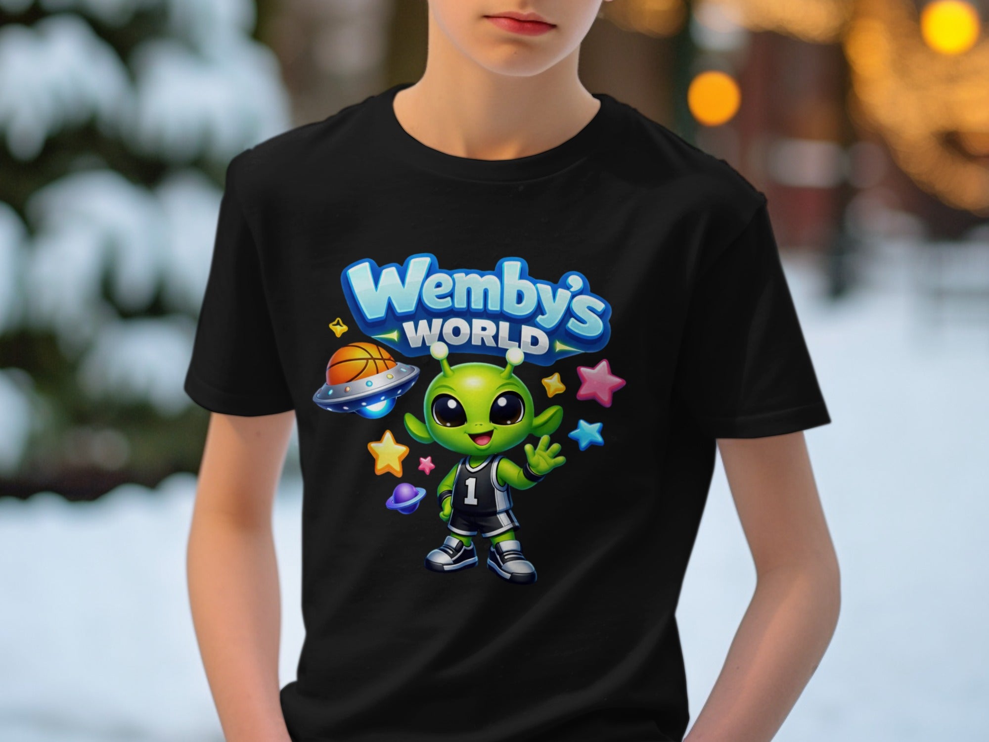 Green alien wearing a basketball uniform with "Wemby's World" text and stars.