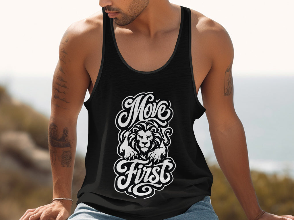 Black tank top with white lion graphic and text "Move First".