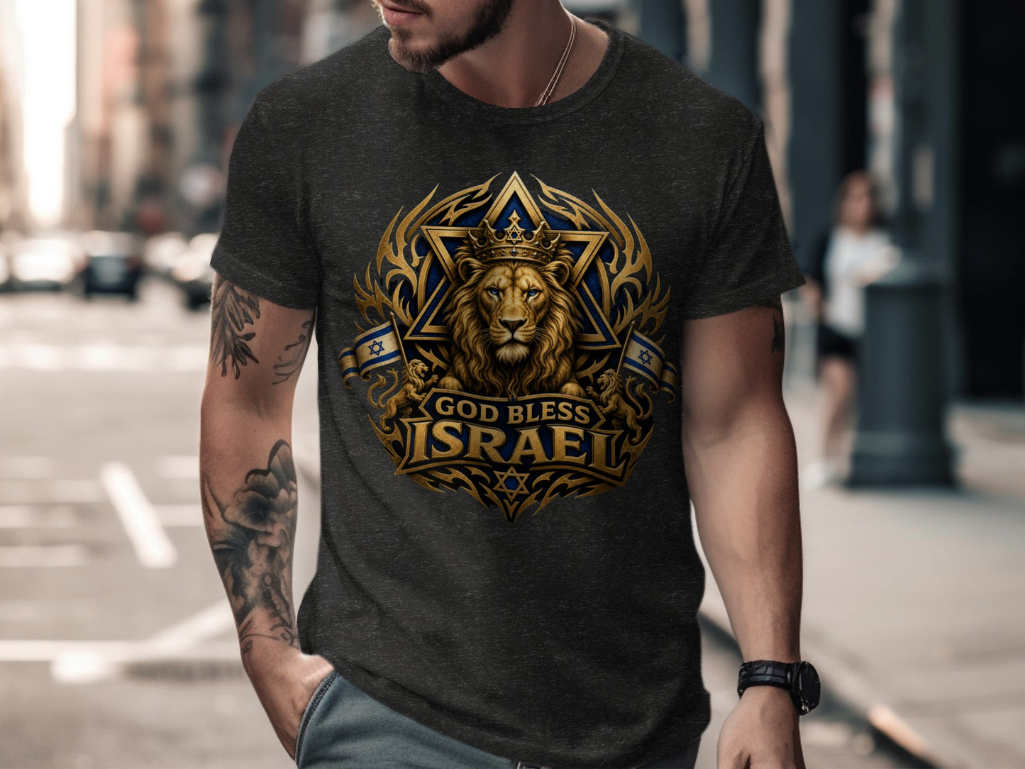 T-shirt with gold lion, crown, Star of David, and "God Bless Israel" text.
