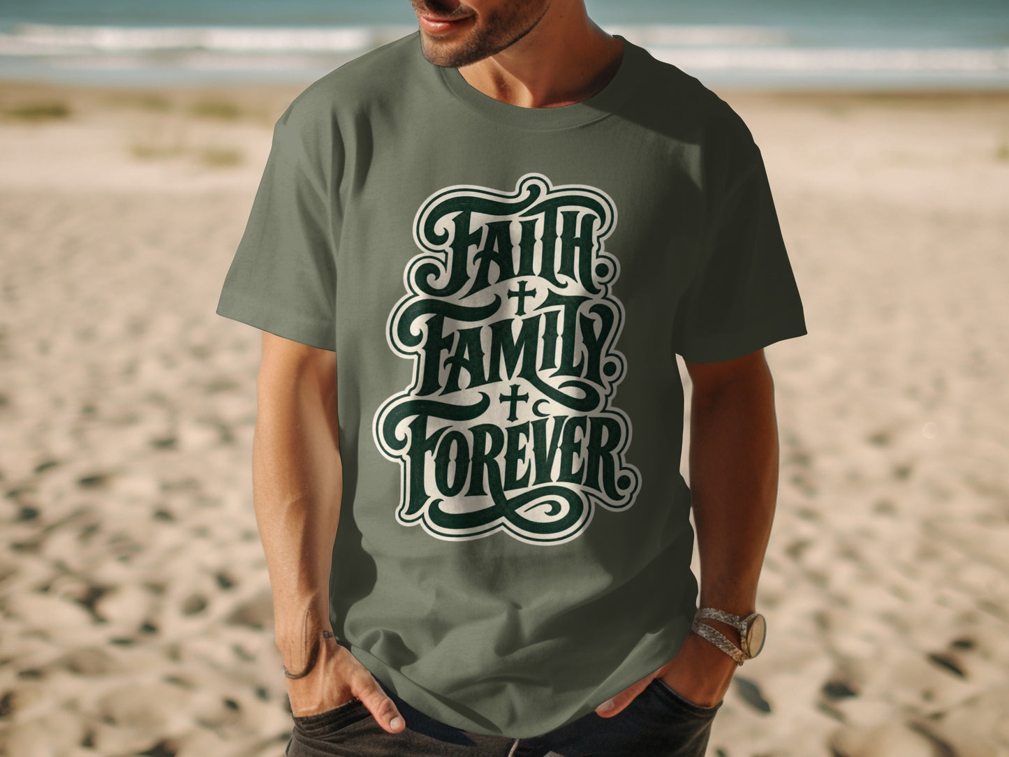 Green t-shirt with "Faith Family Forever" text and cross graphics.