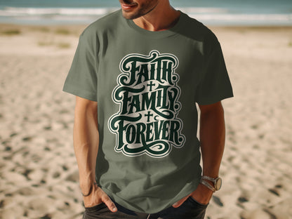 Green t-shirt with "Faith Family Forever" text and cross graphics.