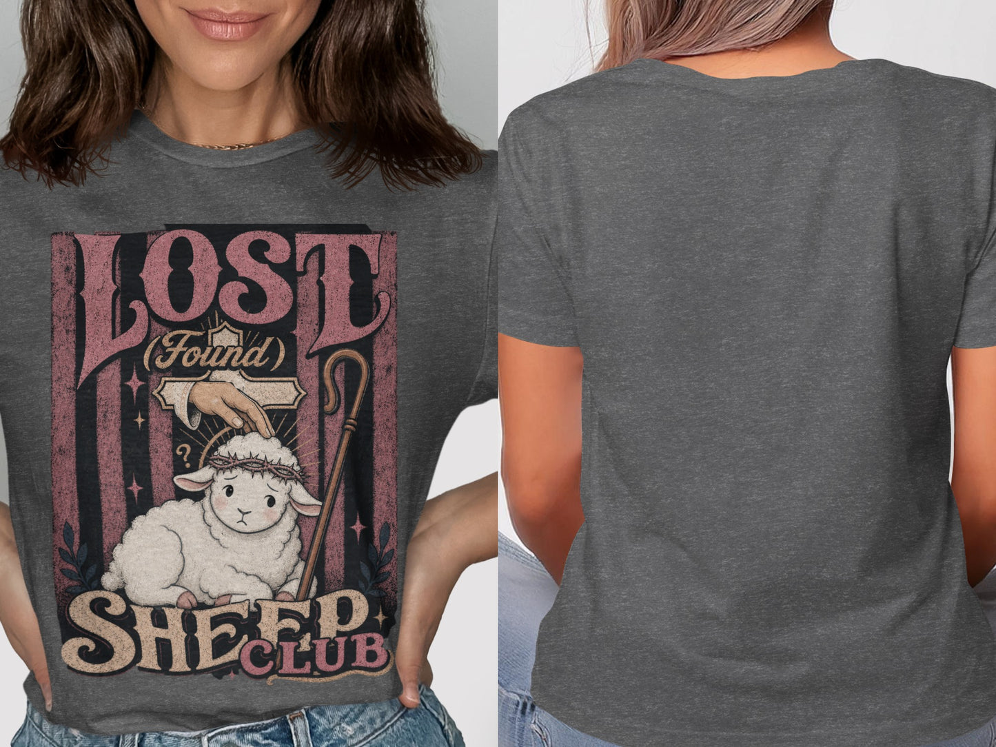 Lost Sheep Club graphic print on a dark gray t-shirt, featuring a sheep with a crown of thorns.