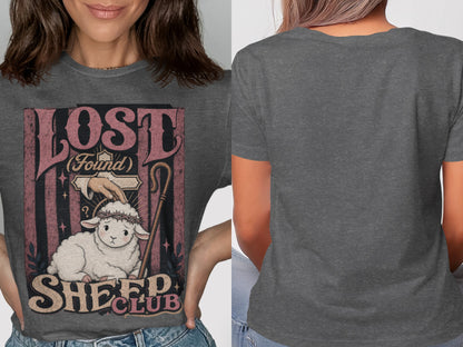 Lost Sheep Club graphic print on a dark gray t-shirt, featuring a sheep with a crown of thorns.