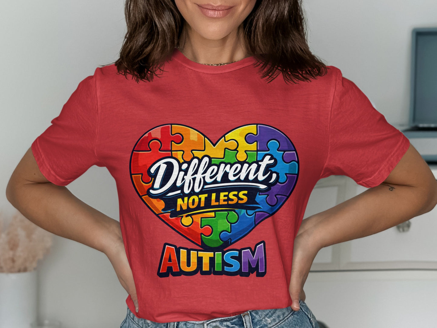 Red t-shirt with a colorful puzzle heart graphic saying "Different, Not Less AUTISM".