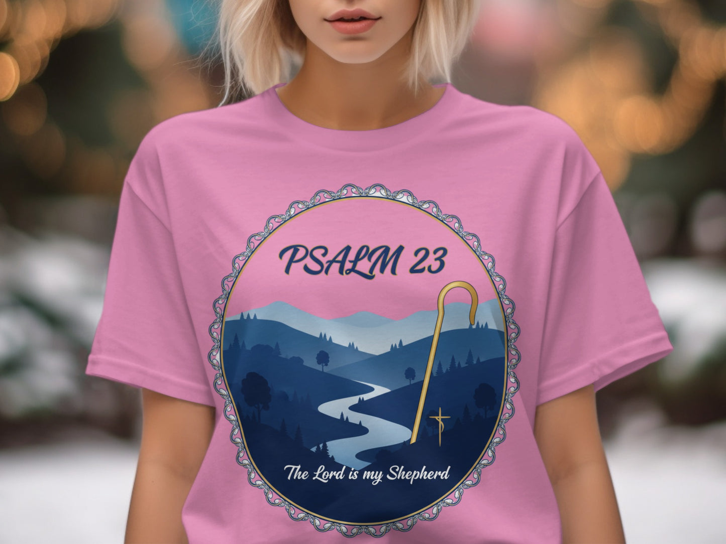 Pink t-shirt with Psalm 23 and shepherd's crook art.