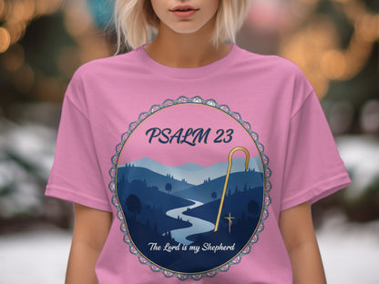 Pink t-shirt with Psalm 23 and shepherd's crook art.