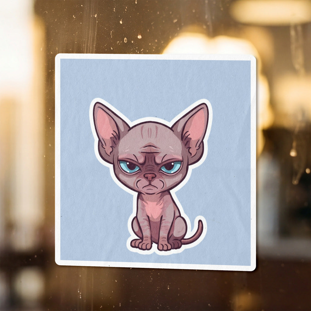 Cartoon sphynx cat with blue eyes and grumpy expression on light blue background.