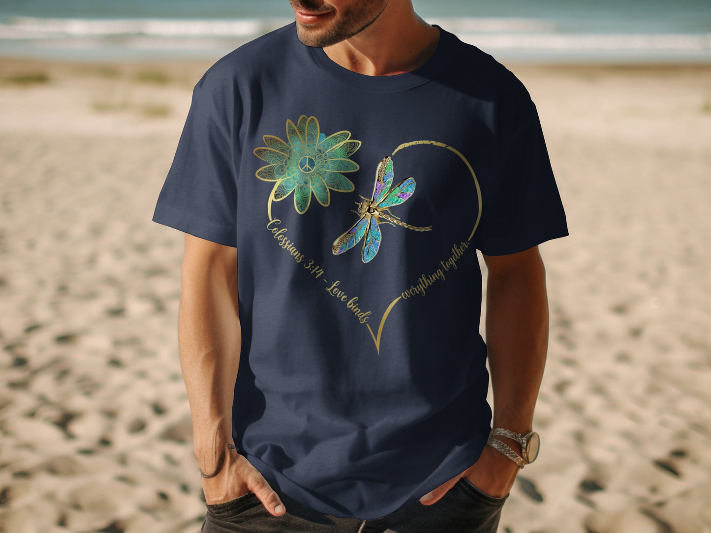 Navy t-shirt with dragonfly, flower, peace sign, and scripture.