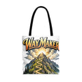 Tote bag with a winding mountain road and "Way Maker" text above sun and clouds.